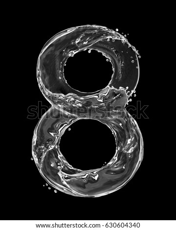 Number 8 made with a splashes of water isolated on black background 