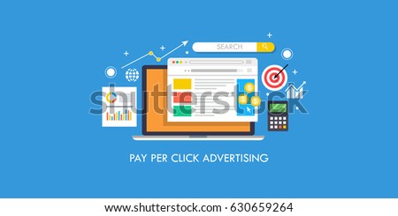 Flat concept for pay per click advertising, sponsored listing, paid search marketing vector banner with icons isolated on blue background Royalty-Free Stock Photo #630659264