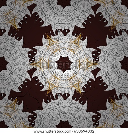 Floral ornament brocade textile pattern, glass, metal with floral pattern on brown background with golden elements. Seamless classic vector golden pattern.