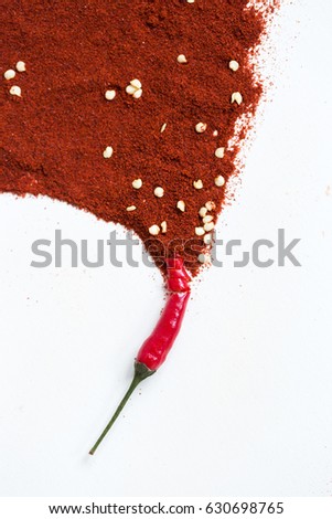 red hot chili peppers, popular spices concept - artistic idea of red hot pepper pod turns into a picture from powder of dry pepper, embodiment of abstract artist brush on white background, vertical