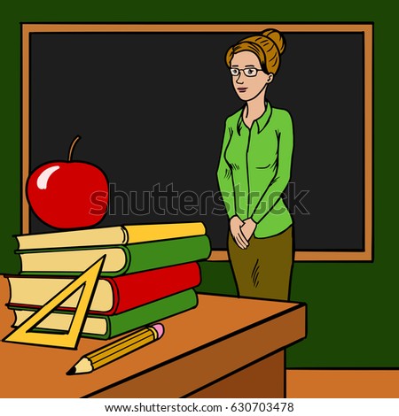 Teacher woman in classroom cartoon raster illustration