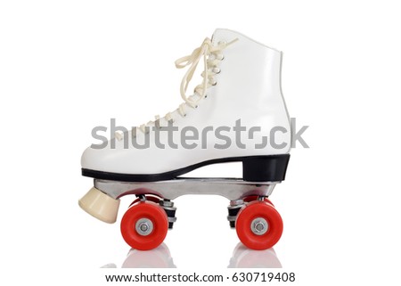 side view women white quad roller skate