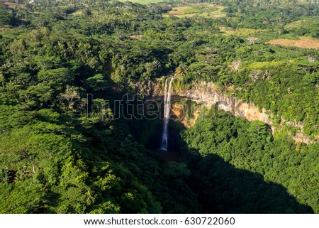 View of Chamarel falls in jungle of Mauritius island.  Picture taken from helicopter