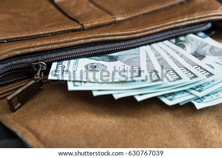 Brown leather wallet with USA dollars money inside.