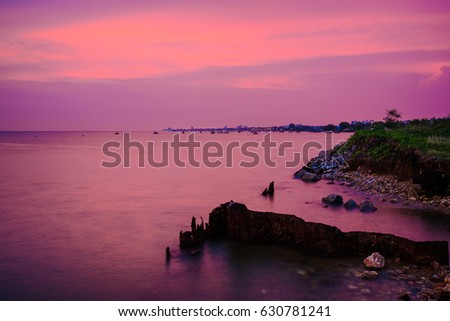 sea beach evening light. purple silhouette seascape.image for background, wallpaper,copy space.
