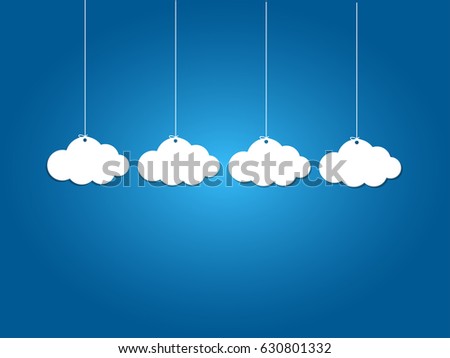 4 paper clouds hanging on blue background.