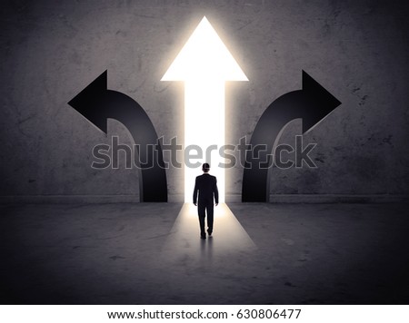 A businessman in doubt, having to choose between three different choices indicated by arrows pointing in opposite direction concept