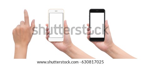 Close-up image of two human hand holding black and white blank screen smartphone with hand in touching gesture isolate on white background with clipping path Royalty-Free Stock Photo #630817025