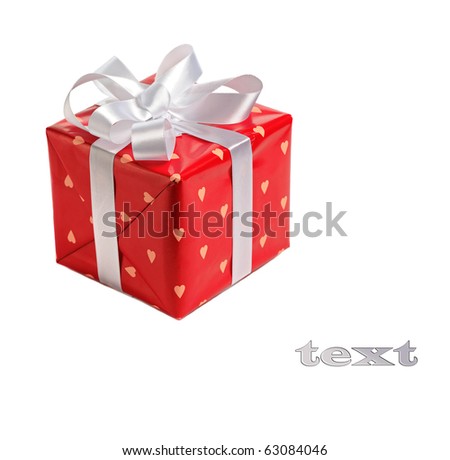  red gift box  decorated with satin white bow  isolated on white