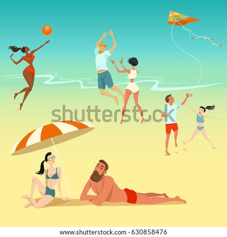 Illustration of people relaxing on the beach. Children with a kite. Young people playing volleyball. Sunbathing couple.