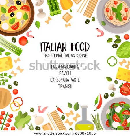 Bright card template of traditional Italian cuisine.  Pasta, pizza, cheese, olives, seafood, vegetables and herbs, traditional Italian dishes.