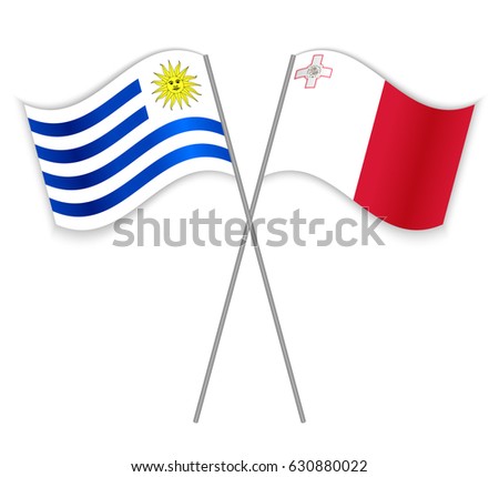 Uruguayan and Maltese crossed flags. Uruguay combined with Malta isolated on white. Language learning, international business or travel concept.