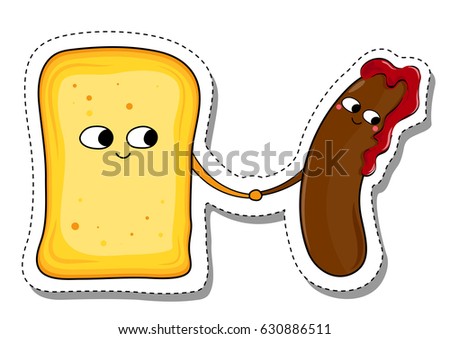 Love Is... Sausage and Bread In Love Sticker. Cute Cartoon Food emoticon Vector illustration