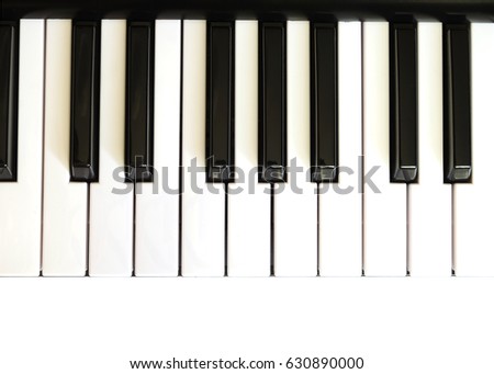 Piano keyboard with white and black keys on white background top view photo close up