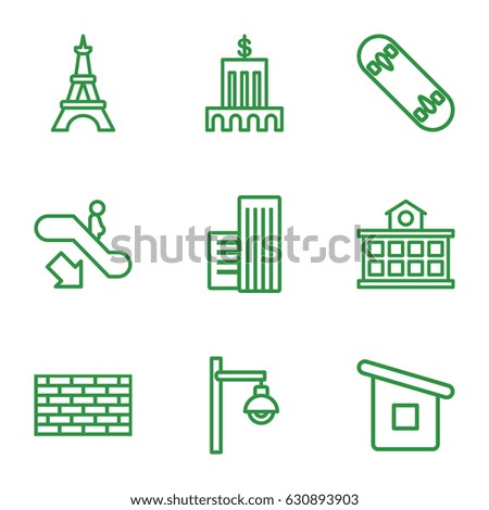 Urban icons set. set of 9 urban outline icons such as escalator down, eiffel tower, house builidng, building, street lamp, skate board, bank