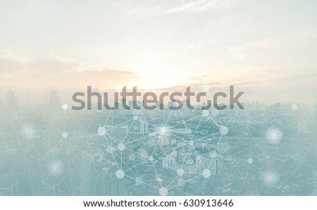 Abstract connection background concept. Polygonal with connect dots with blur city business background.