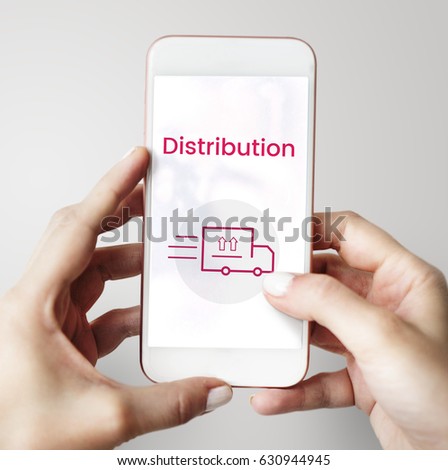 Hands working on digital device network graphic overlay