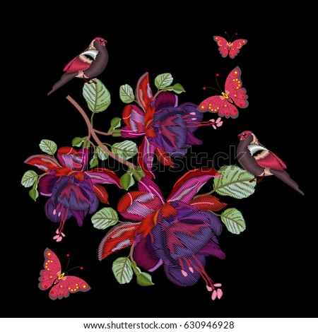 Embroidery bouquet of  fuchsias, birds, butterfly for your design.  Vector illustration.