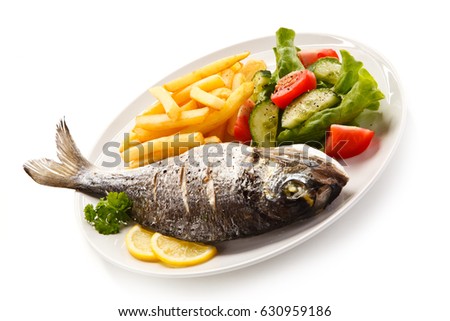 Fried fish with french fries on white background 