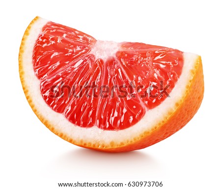 Ripe slice of pink grapefruit citrus fruit isolated on white background with clipping path Royalty-Free Stock Photo #630973706