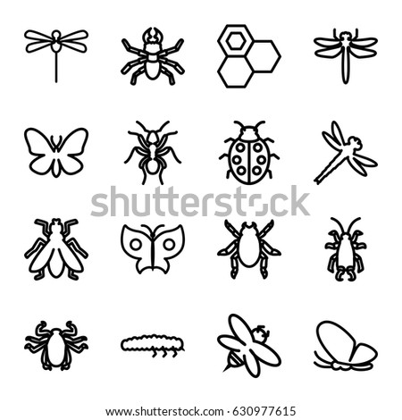 Insect icons set. set of 16 insect outline icons such as dragonfly, beetle, butterfly, ant, fly, honey, bee, ladybug