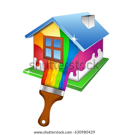 Painting a house design for business. House and brush with paint.