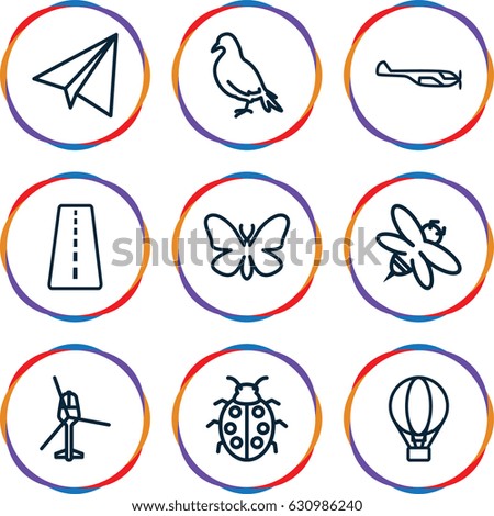 Fly icons set. set of 9 fly outline icons such as runway, helicopter, dove, butterfly, paper airplane, bee, ladybug
