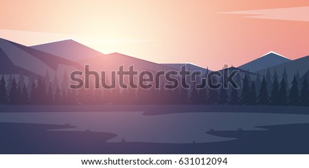 Nature mountains landscape. Rocky mountains and pine forest. Evening
