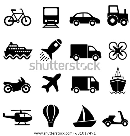 Air, water and land mode of transportation icon set