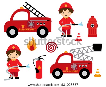 Fire fighter girl and boy with different fire related cliparts icon collection