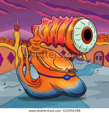 Crazy strange space alien or monster on a strange planet. Original colored illustration