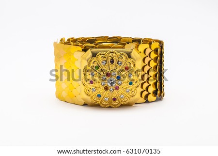Closeup to Used Golden with Colorful Gem Belt in Thai Style, Isolated