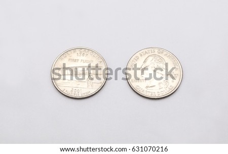 Closeup to North Carolina State Symbol on Quarter Dollar Coin on White Background