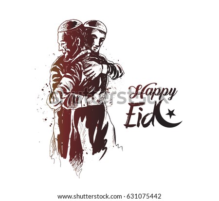  Muslim man hugging and wishing to each other on occasion of Eid celebration, Hand Drawn Sketch Vector illustration.