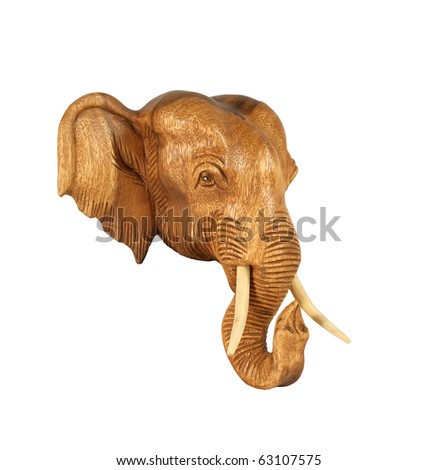 Sculpture (wood) picture elephant head. Isolated on pure white.