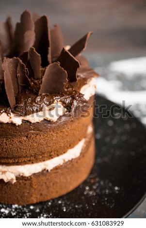 Chocolate cake on the rustic background. Selective focus.