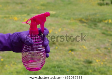 Close up studio shot of housekeeper. Woman hand with glove holding bottle of spray.