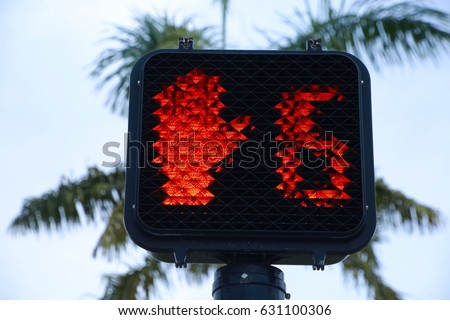 Red Stop Don't Walk Pedestrian Hand Symbol with 15 Seconds Remaining Flashing Illuminated against a Cloudy Overcast Sky After Dusk in Front of Green Palm Tree