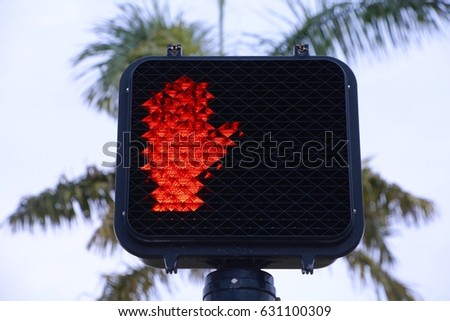Red Stop Don't Walk Pedestrian Hand Symbol Illuminated against a Cloudy Overcast Sky After Dusk in Front of Green Palm Tree