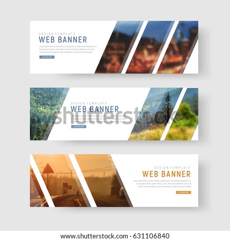 Template of white web banners with diagonal elements for a photo. Universal design for advertising business, travel, food and othe. Photo of a mosaic for a sample. Set Royalty-Free Stock Photo #631106840
