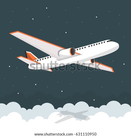 Airplane flies in the sky. Side view. Airliner. White airplane. Flat vector banner.