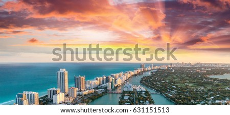 Skyline of Miami Beach, overhead view at dusk.