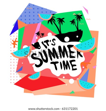 Summer time vector banner design with white abstract background for text and colorful tropical beach elements. Vector illustration template for event. 