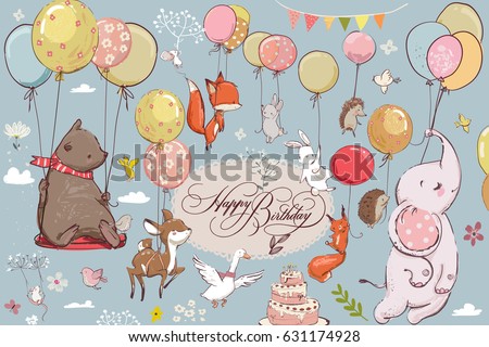 cute animals flying with balloons