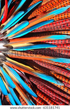 Multi-colored feathers in native american indian chief headdress. Close-up photo  Royalty-Free Stock Photo #631181741