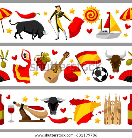 Spain seamless border. Spanish traditional symbols and objects.