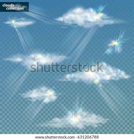 Set of transparent different clouds with sun and rays on a transparent background. Sunshine effect. Vector illustration.