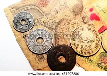 Antique bank notes and coins Thai