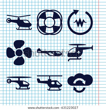 Set of 9 rotate filled icons such as helicopter, fan, medical helicopter, heartbeat