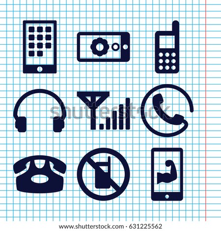Set of 9 phone filled icons such as call, no phone, headset, gear on display